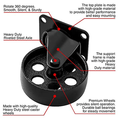 FactorDuty 4" Metal Swivel Plate Caster Wheels, Combo 2 Brake & 2 No Brake - size: 4" Combo