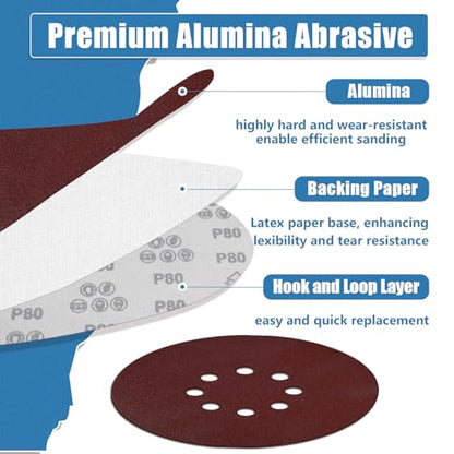 60 PCS 9 Inch 8 Hole Sanding Discs, Mix Grit Hook and Loop Round Sandpaper - color: Mix 60PCS