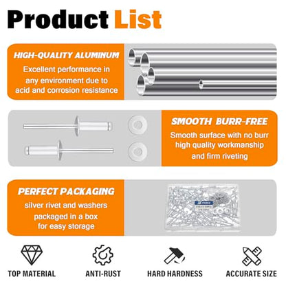 130pcs 3/16" x 1/2" Silver Aluminum Pop Rivets with Stainless Steel Washers 4.8 x 12.7mm Blind Rivet Assortment Kit - size: 3/16*1/2