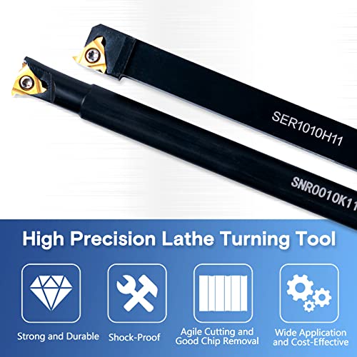 Lathe Turning Holders Threading Tool - Metal Lathe Cutting Tools 1/2" External SER1010H11+3/8" Internal SNR0010K11 Turning Holders with Indexable Carbide Inserts 10pcs Golden for Lathe Tools - color: 2pcs 3/8" boring bars+10pcs inserts