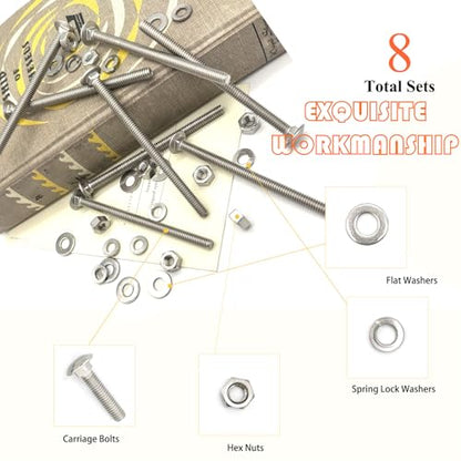 8 Sets 1/4"-20 x4 Carriage Bolts Round Head Square Neck Screws with Hex Nuts Flat Washers Spring Lock Washers 304 Stainless Steel Full Thread Coverage Square Neck Bolts Assortment Kit - size: 1/4"-20 x4"-8 Sets