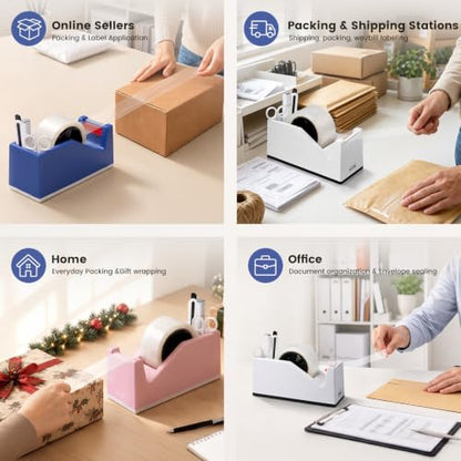 Sooez Weighted Tape Dispenser, Aesthetic Packing Tape Dispenser Desk, with Storage Compartment, Super Heavy Duty Tape Holder, Fit 1.88" to 2" Wide Tape, Tape Cutter Packing Shipping Supplies - color: White