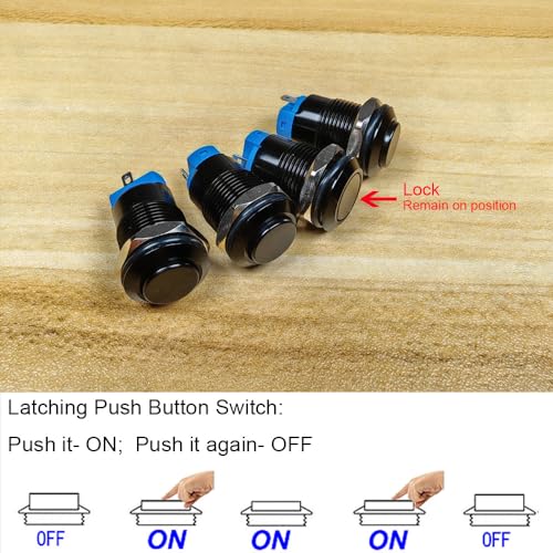 Gebildet 4pcs 12mm Latching Push Button Switch Raised Head Cable Aluminium Alloy 1NO 12V 24V 36V 110V 250V Waterproof IP65 Without LED (Black Shell) - size: 12mm-Black