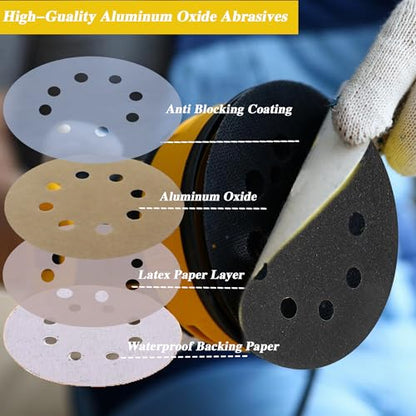 50pcs Sandpaper 8 Hole 5 inch Sanding Discs Hook and Loop 60/180/240/400/800/1200/2500/4000/7000/10000 Grits with Hand Sander for Automotive Metal Polishing