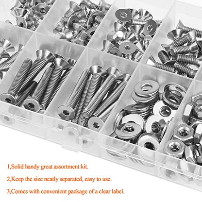 HELIFOUNER 210 Pieces #8-32 x 1/4" 5/16" 3/8" 1/2" 5/8" 3/4" 1" 1-1/4", Countersunk Head Socket Cap Screws Bolts Washers Nuts Kit, Coarse Thread, Fully Machine Threaded, 304 Stainless Steel - size: #8-32, style: Countersunk Head