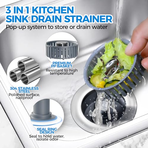 zaa 3 in 1 Kitchen Sink Drain Strainer Stopper Removable Basket Pop-Up - color: Silver Silver Silver