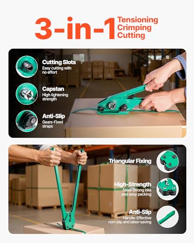 VEVOR Banding Strapping Kit, Heavy Duty Banding Sealer Tool with 1500 ft PET Band, 450 Metal Seals, 150 Corner Protectors & Gloves, Plastic Pallet Packaging Strapping Kit for Warehouse/Shipping/Moving - size: PET 5/8"x1500' 6PC Set