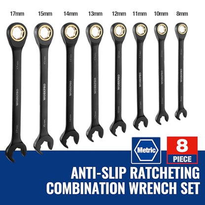 WORKPRO 8-piece Anti-Slip Ratcheting Wrench Set with Quick-Slide Open End - style: Metric + Quick Release