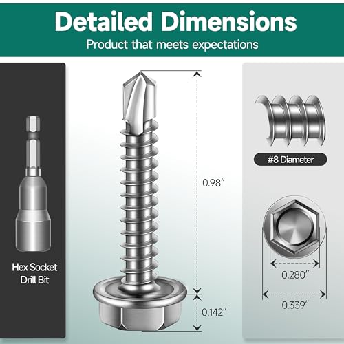 100Pcs #8 x 1 Sheet Metal Screws, 410 Stainless Steel Self Drilling Hex Washer Head Self Tapping Screws for Metal with Drill Bit - color: Silver, size: #8 x 1"