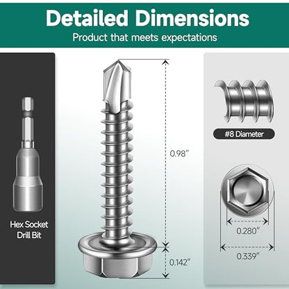 100Pcs #8 x 1 Sheet Metal Screws, 410 Stainless Steel Self Drilling Hex Washer Head Self Tapping Screws for Metal with Drill Bit - color: Silver, size: #8 x 1"