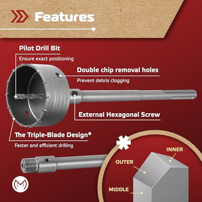 10PCS Concrete Hole Saw Kit with 3 Drill Bits and SDS Plus & Max Shank, Masonry Hole Saw Kit Size 30, 40, 65, 80, 100 MM for Brick, Block, Concrete Drilling.