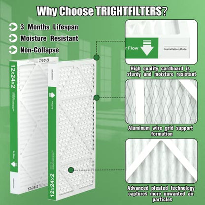 12x24x2 Air Filter TRIGHTFILTERS, Durable MERV 8 Pleated Home HVAC AC Furnace Heater Filters Replacement, Lightweight Compact Air Conditioner Filters 4 Pack - size: 23.6" x 11.6" x 1.8"