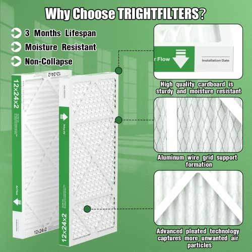 12x24x2 Air Filter TRIGHTFILTERS, Durable MERV 8 Pleated Home HVAC AC Furnace Heater Filters Replacement, Lightweight Compact Air Conditioner Filters 4 Pack - size: 23.6" x 11.6" x 1.8"