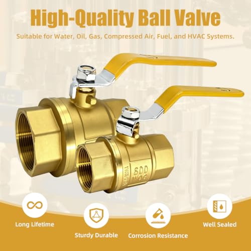 2 Pack 2" Brass Ball Valve, Full Port NPT Female x Female Shut Off Valve, Heavy Duty Brass Control Valve 2inch, 600 WOG for Water, Oil, Gas & Industrial Fluid Transfer - size: 2 Inch