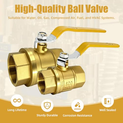 2 Pack 2" Brass Ball Valve, Full Port NPT Female x Female Shut Off Valve, Heavy Duty Brass Control Valve 2inch, 600 WOG for Water, Oil, Gas & Industrial Fluid Transfer - size: 2 Inch