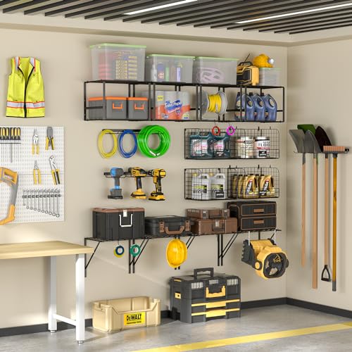 ThreeHio Garage Shelf Wall Mounted with Wire Baskets, Heavy Duty Garage Wall Shelving with Garden Tool Rack and Hooks, Wire Shelf Baskets Tool Organizer for Home Garden Yard Organization and Storage