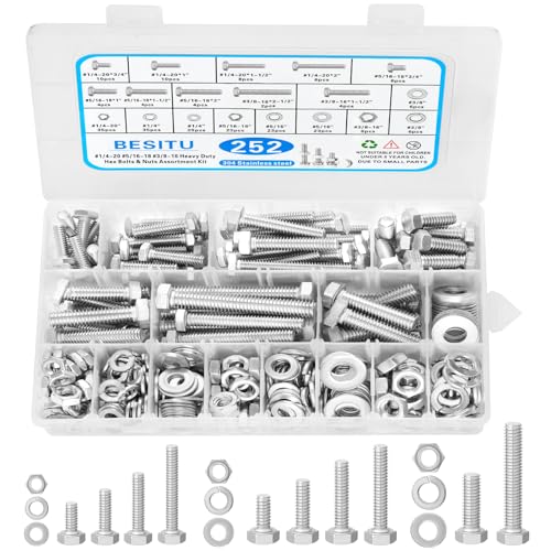 Besitu 252Pcs Hex Bolts and Nuts Assortment Kit, 1/4-20, 5/16-18, 3/8-16 Assorted Bolts Nuts and Washers Kit, 304 Stainless Steel Machine Screw Sets with Case - color: Silver-SAE Stainless Steel Hex Bolts