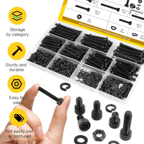 649PCS M3 Hex Socket Head Long Screws Kit, M3-0.5x30/35/40/45/50 mm - size: M3 649pcs