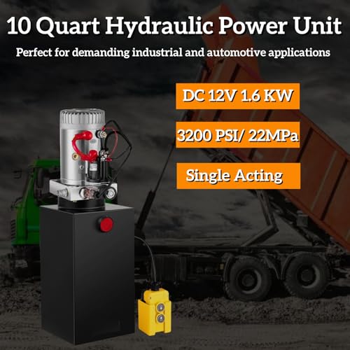 12V DC Single Acting Hydraulic Pump – 10 Quart Steel Reservoir, 3200 PSI, SAE #6 Connector – for Dump Trailers, Car Lifts, and Hydraulic Power Units Mixizap - color: Single Acting, size: 10 Quart