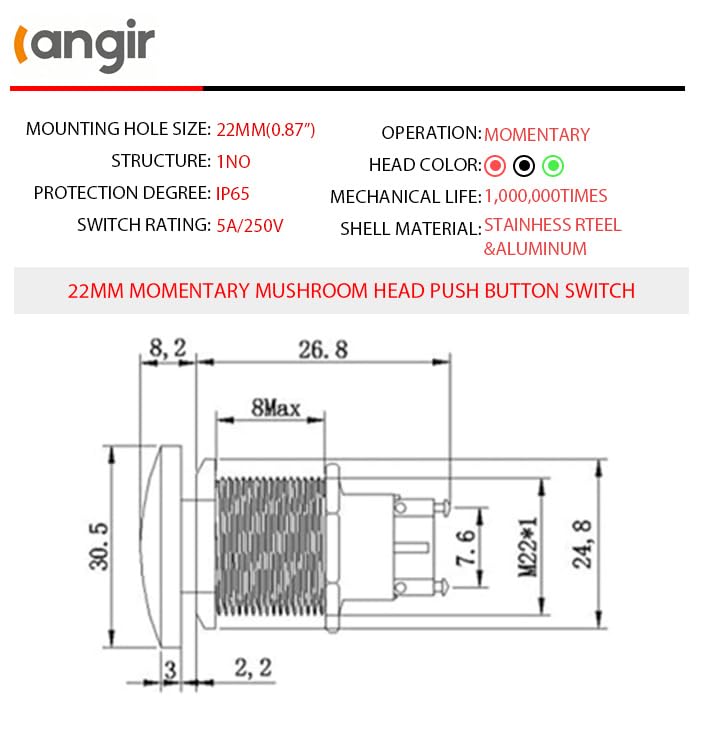 Red 22mm Mushroom Push Button Switch 5A 250V AC/DC Momentary, IP65 Waterproof, Suitable for 12V 24V 36V 110V 250V (2 Pack) - color: Red, size: 22mm
