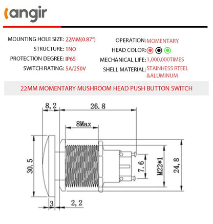 Red 22mm Mushroom Push Button Switch 5A 250V AC/DC Momentary, IP65 Waterproof, Suitable for 12V 24V 36V 110V 250V (2 Pack) - color: Red, size: 22mm