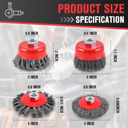 Wire Wheel for Angle Grinder 6 Pack, 4-1/2" Knotted & Crimped Steel Wire Wheel & Cup Brush Set, Wire Brush for Grinder 5/8-11 Arbor, Heavy Duty Rust Removal, Paint Removal, Metal Cleaning