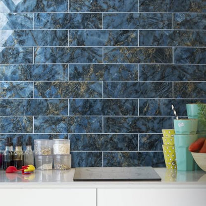 AULIGET 40-Piece Polished Blue Marble Peel and Stick Backsplash Wall Tiles, 3" x 12" PVC Faux Stone Stick on Tiles for Backsplash Kitchen, Bathroom, Laundry Room, Camper, Fireplace - color: Polished Blue Marble, size: 40 Pieces, 3"x12"x0.12"