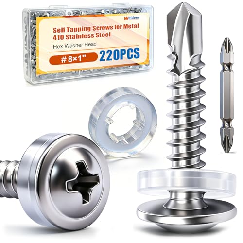 weideer 220pcs #8×1" Self Tapping Screws for Metal, 410 Stainless Steel Metal Screw, Truss Head Sheet Metal Screws with Washer, Screwdriver Bit K-158-W-25mm - size: SV 220PCS ＃8×1"