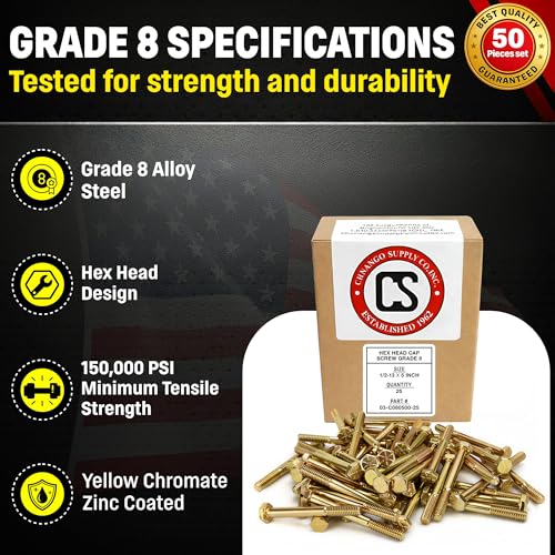 Chenango Supply 1/4-20 x 2 Grade 8 Hex Head Bolts - size: 1/4-20x2 50pcs