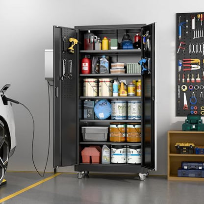 Aobabo Black Metal Garage Storage Cabinet with Wheels, 34"W x 18"D x 71"H - color: Black, size: 18"D x 34"W x 71"H