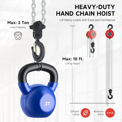 CREWORKS Hand Chain Hoist, 2 Ton 4400 lb Capacity 10 ft Manual Chain Hoist with G80 Load Chain & Galvanized Hand Chain, Heavy Duty Manual Lever Hoist for Construction Warehouse Automotive Factory - style: Round Hand chain hoist, 2 Ton, 10FT