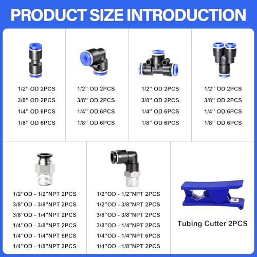 TAILONZ PNEUMATIC 1/4"3/8"1/2"1/8" Push to Connect Fittings Air Hose Fittings,Threaded Connection Kits, Suitable for Nylon Tube PU Tube Air Tube and Other Connection Kits（Pack of 98） - color: Blue, size: 1/4"3/8"1/2"1/8"OD/98PCS