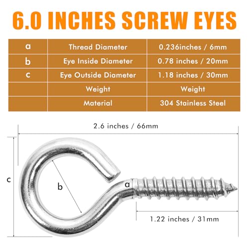 10PCS 2.5 inches Screw Eyes M6 304 Stainless Steel Eye Screws, Heavy Duty Screw, Eye Hooks Screw Eye Bolts Eye Hooks Screw, Indoor & Outdoor Uses (10, M6-2.5inch) - size: M6-2.5inch