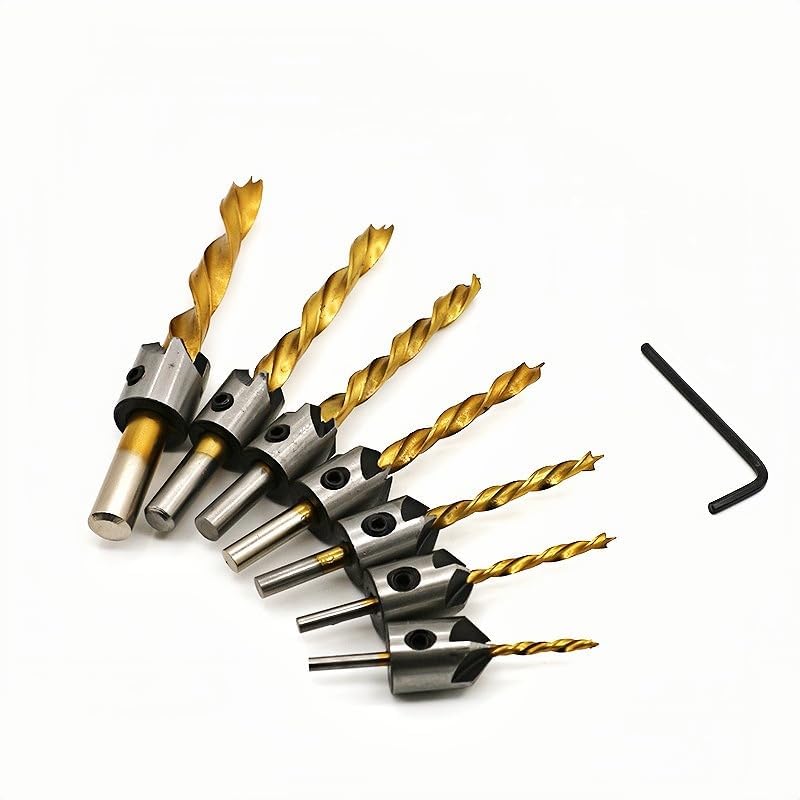 7PCS 3-10mm Round Shank Titanium Coated Countersink Drill Bit Set Replacement Three Point Drill Set Carpentry Boring Tool Woodworking Tool with Hexagon - size: 7 PCS Titanium Coating