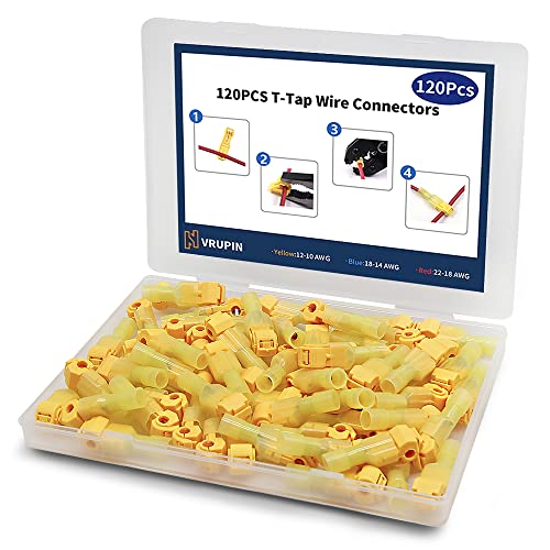 Vrupin 120 PCS T Tap Wire Connectors - Yellow 12-10AWG Waterproof Wire Splice Connector Quick Disconnect Insulated Male Terminals Electrical Connectors Kit with Storage Case - color: Yellow 120