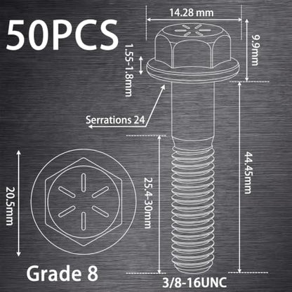 Shimeyao 50 Pcs 3/8-16 x 1-3/4" Grade 8 Hex Flange Bolts Yellow Zinc Plated Coarse Thread Alloy Steel Fasteners, Heavy Duty Hex Head Flange Screws for Automotive, Machinery, Trailer and RV, Repair - size: 3/8-16 x 1-3/4"
