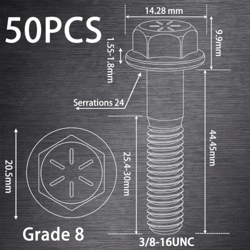 Shimeyao 50 Pcs 3/8-16 x 1-3/4" Grade 8 Hex Flange Bolts Yellow Zinc Plated Coarse Thread Alloy Steel Fasteners, Heavy Duty Hex Head Flange Screws for Automotive, Machinery, Trailer and RV, Repair - size: 3/8-16 x 1-3/4"