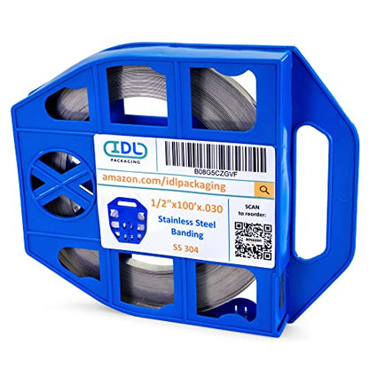 IDL Packaging 1/2" x 100' x .030" Stainless Steel 304 Banding in Plastic Self-Dispensed Case - Salts, Chemicals, UV Rays, and Extreme Temperatures Resistant Banding with High Break Strength - size: 1/2" x 100' x 0.030", style: 304 stainless steel