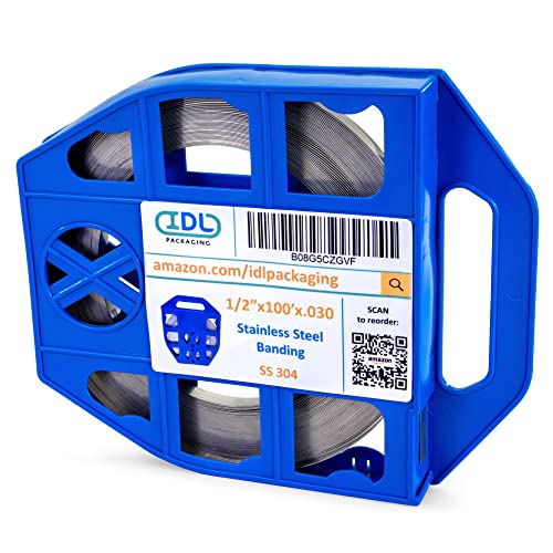 IDL Packaging 1/2" x 100' x .030" Stainless Steel 304 Banding in Plastic Self-Dispensed Case - Salts, Chemicals, UV Rays, and Extreme Temperatures Resistant Banding with High Break Strength - size: 1/2" x 100' x 0.030", style: 304 stainless steel
