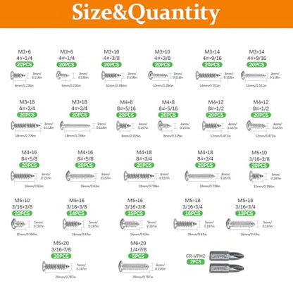 435Pcs 304 Stainless Steel Self Tapping Screws Assortment Set, M3/M4/M5/M6 Flat Head & Round Head Self Tapping Screws Assortment Set, Phillips Drive Wood Screw Assortment Kit - size: M3/4/5/6-435Pcs
