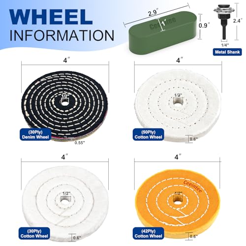 10Pcs 4'' Buffing Polishing Wheel with 1/4‘’ Drill Shank， Include 1/2" Arbor Hole 2 Yellow Cotton/2 White Cotton Polish Wheels/1 Soft Flannel Buffing Wheel/1 Denim Wheel &3 Polishing Compound