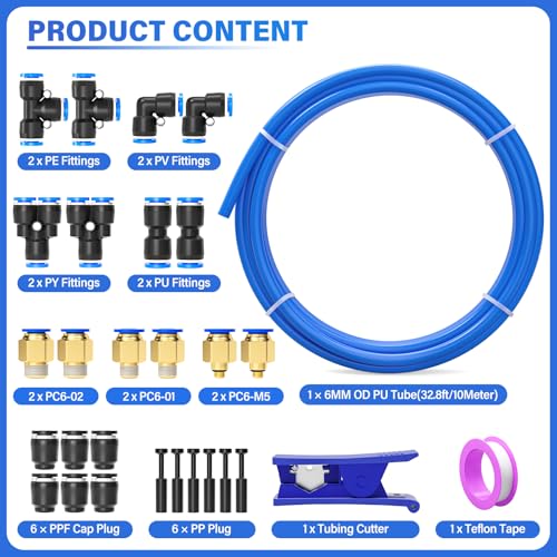 TAILONZ PNEUMATIC Blue 6MM OD 10 Meter 32.8ft PU Polyurethane Air Tubing Kit Pipe Hose Air Line Tubing Air Hose Fittings Push to Connect Fittings(29PCS) - color: Blue, size: 15/64" OD - 32.8 FT