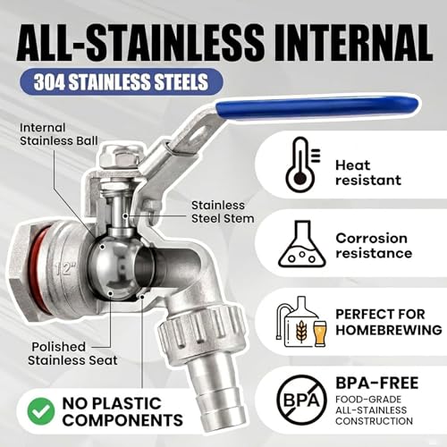TIZZE 1/2 inch Stainless Steel Ball Valve Weldless Bulkhead for Building Home Brew Kettle/Mash Tun