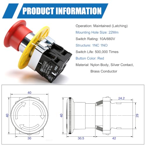 mxuteuk 1NC 1NO 22mm Emergency Stop Push Button Switch Red Mushroom AC 660V 10A HB2-BS545 - color: Red/HB2-BS545, size: 1NC 1NO