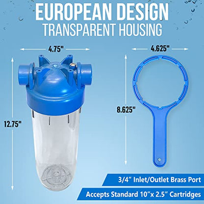 10 Inches European Design Transparent Standard Whole House Water Filter System with Presser Relief Valve, 3/4” Inlet/Outlet Brass Port and Yearly Supply (4) Sediment Cartridges 5 Micron - style: Sediment Filter