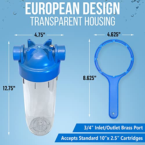 10 Inches European Design Transparent Standard Whole House Water Filter System with Presser Relief Valve, 3/4” Inlet/Outlet Brass Port and Yearly Supply (3) Block Activated Carbon Cartridges 5 Micron - style: Block Activated Filter