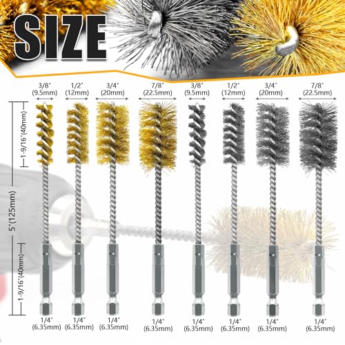 8 Pcs Bore Brush Set - 304 Stainless Steel & Brass Drill Wire