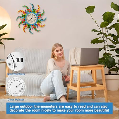 Large Blue Sun Outdoor Thermometer & Hygrometer Combo, 25'' Indoor Outdoor Wall-Mounted Thermometer Gauge, Decorative Indoor Outside Temperature Thermometer for Patio, Garden, Living Room,Kitchen