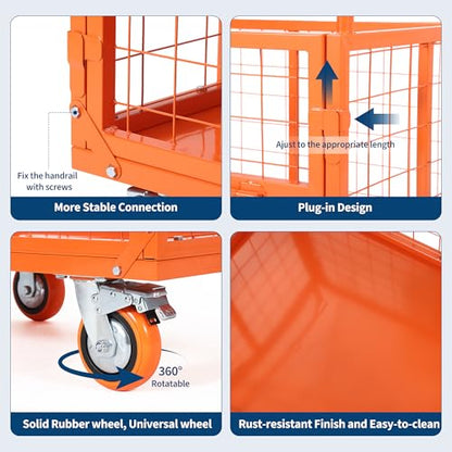6-in-1 Folding Flatbed Dolly, 1800lbs Heavy Duty Platform Cart with Cage - color: Orange