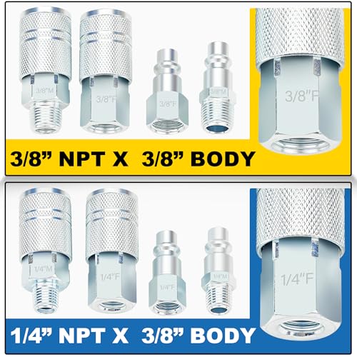 3/8 Inch Body Air Hose Quick Connect Fittings, 3/8" NPT Threads and 1/4" NPT Threads Couplers and Plugs, I/M Industrial Type 24PCS Air Compressor Accessories Kit